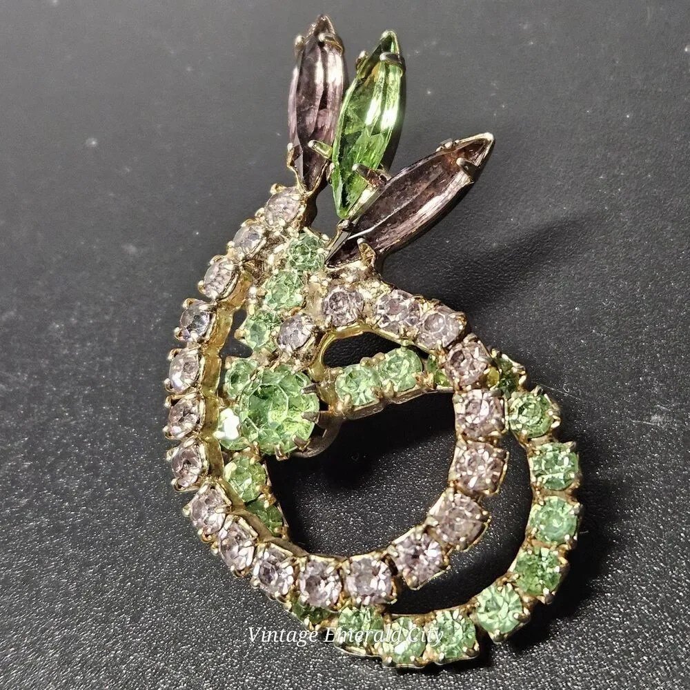 Vtg Unsigned Weiss Swirl Brooch Green & Purple Prong Rhinestones Navette Crystal